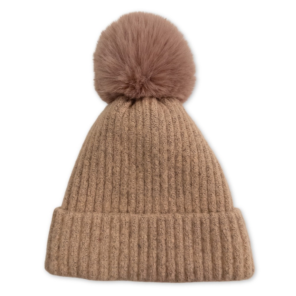 Knit Beanie Hat Faux Fur Pom Pom Cozy Warm Winter Snow Fleece Lined Ski Bunny